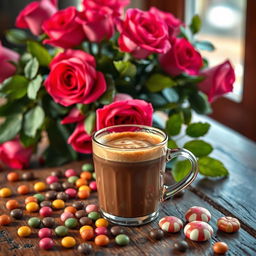 A beautiful mocha coffee cup on a rustic wooden table, surrounded by assorted colorful sweets and candies