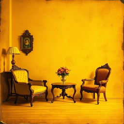 A vintage scene featuring a rich, deep yellow background reminiscent of aged paper or sun-bleached fabric, with subtle texture and wear that suggest a retro aesthetic