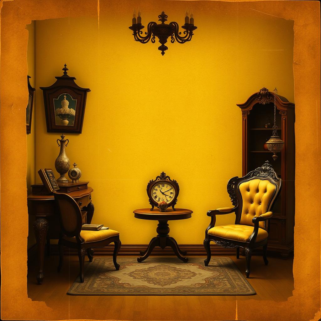 A vintage scene featuring a rich, deep yellow background reminiscent of aged paper or sun-bleached fabric, with subtle texture and wear that suggest a retro aesthetic