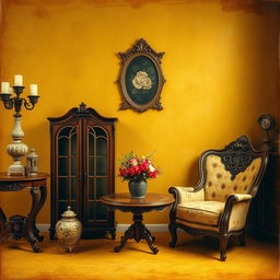 A vintage scene featuring a rich, deep yellow background reminiscent of aged paper or sun-bleached fabric, with subtle texture and wear that suggest a retro aesthetic