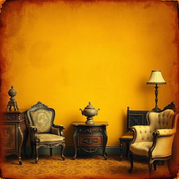 A vintage scene featuring a rich, deep yellow background reminiscent of aged paper or sun-bleached fabric, with subtle texture and wear that suggest a retro aesthetic