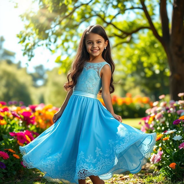 A girl wearing a beautiful, flowing blue dress, standing in a picturesque garden filled with colorful flowers