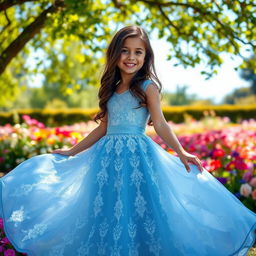 A girl wearing a beautiful, flowing blue dress, standing in a picturesque garden filled with colorful flowers