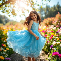 A girl wearing a beautiful, flowing blue dress, standing in a picturesque garden filled with colorful flowers