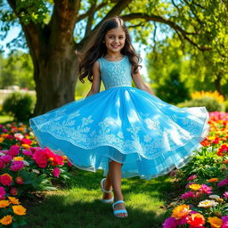 A girl wearing a beautiful, flowing blue dress, standing in a picturesque garden filled with colorful flowers