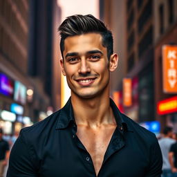 A handsome, slim man wearing stylish black clothing, with a confident posture and chiseled features