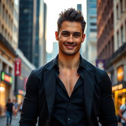 A handsome, slim man wearing stylish black clothing, with a confident posture and chiseled features