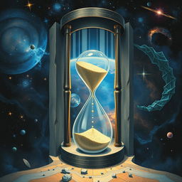 A portal to the unknown, featuring an hourglass with sand flowing down, representing fragments of consciousness