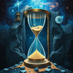 A portal to the unknown, featuring an hourglass with sand flowing down, representing fragments of consciousness
