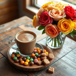 A beautifully arranged mocha coffee cup placed on a rustic wooden table, surrounded by an assortment of colorful sweets and candies