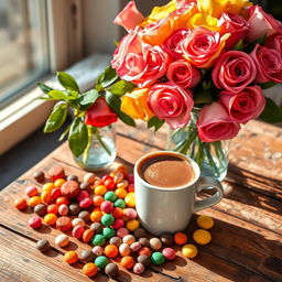 A beautifully arranged mocha coffee cup placed on a rustic wooden table, surrounded by an assortment of colorful sweets and candies
