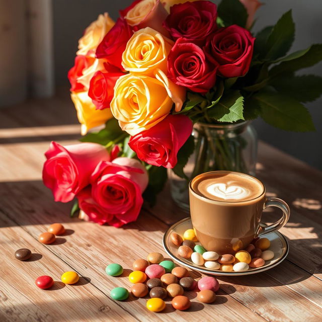A beautifully arranged mocha coffee cup placed on a rustic wooden table, surrounded by an assortment of colorful sweets and candies