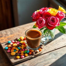 A beautifully arranged mocha coffee cup placed on a rustic wooden table, surrounded by an assortment of colorful sweets and candies