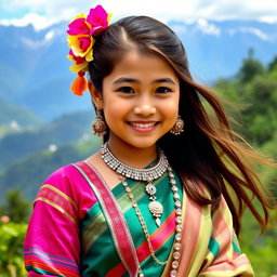 A beautiful Limbu girl from Nepal, dressed in traditional attire featuring a vibrant cholo (blouse) and a lungi (long skirt), adorned with intricate jewelry such as silver earrings, a necklace, and colorful bangles