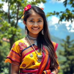 A beautiful Limbu girl from Nepal, dressed in traditional attire featuring a vibrant cholo (blouse) and a lungi (long skirt), adorned with intricate jewelry such as silver earrings, a necklace, and colorful bangles