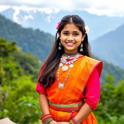 A beautiful Limbu girl from Nepal, dressed in traditional attire featuring a vibrant cholo (blouse) and a lungi (long skirt), adorned with intricate jewelry such as silver earrings, a necklace, and colorful bangles