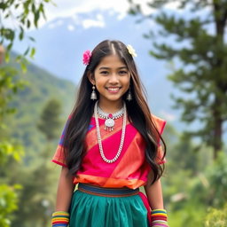 A beautiful Limbu girl from Nepal, dressed in traditional attire featuring a vibrant cholo (blouse) and a lungi (long skirt), adorned with intricate jewelry such as silver earrings, a necklace, and colorful bangles