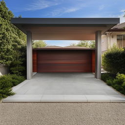 A home with a newly added car parking area, complete with a tidy driveway and a covered parking space for a car.