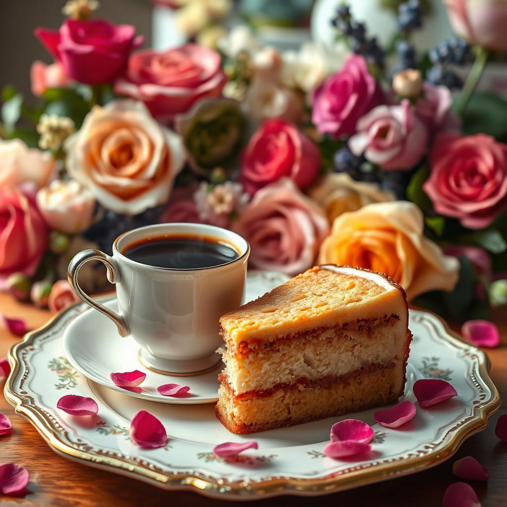 A beautifully arranged setting featuring a steaming cup of coffee and a delicious slice of cake, artistically presented on an elegant plate