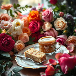A beautifully arranged setting featuring a steaming cup of coffee and a delicious slice of cake, artistically presented on an elegant plate