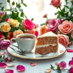 A beautifully arranged setting featuring a steaming cup of coffee and a delicious slice of cake, artistically presented on an elegant plate