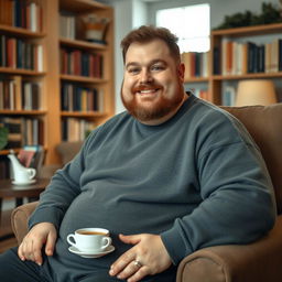 A portrait of a heavy man, sitting comfortably on a spacious armchair, dressed in a cozy sweater, with a warm and friendly smile