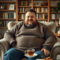A portrait of a heavy man, sitting comfortably on a spacious armchair, dressed in a cozy sweater, with a warm and friendly smile