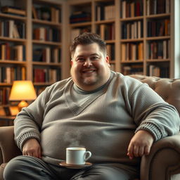 A portrait of a heavy man, sitting comfortably on a spacious armchair, dressed in a cozy sweater, with a warm and friendly smile