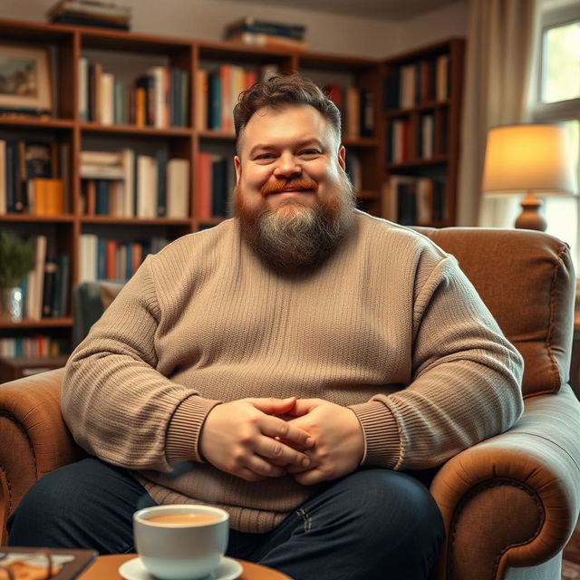 A portrait of a heavy man, sitting comfortably on a spacious armchair, dressed in a cozy sweater, with a warm and friendly smile