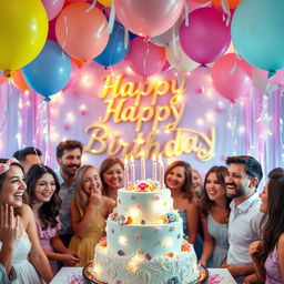 A whimsical and enchanting birthday celebration, decorated with vibrant balloons, shimmering fairy lights, and a beautifully adorned cake with magical elements like sparkling stars and glowing candles