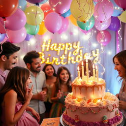 A whimsical and enchanting birthday celebration, decorated with vibrant balloons, shimmering fairy lights, and a beautifully adorned cake with magical elements like sparkling stars and glowing candles