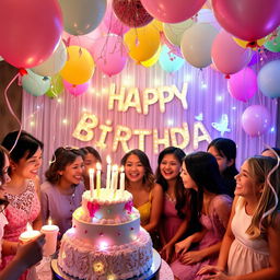 A whimsical and enchanting birthday celebration, decorated with vibrant balloons, shimmering fairy lights, and a beautifully adorned cake with magical elements like sparkling stars and glowing candles