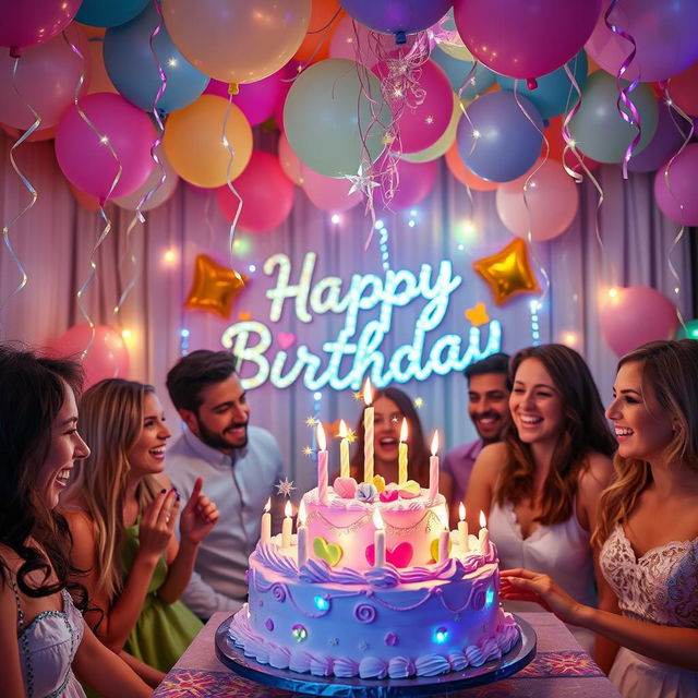 A whimsical and enchanting birthday celebration, decorated with vibrant balloons, shimmering fairy lights, and a beautifully adorned cake with magical elements like sparkling stars and glowing candles