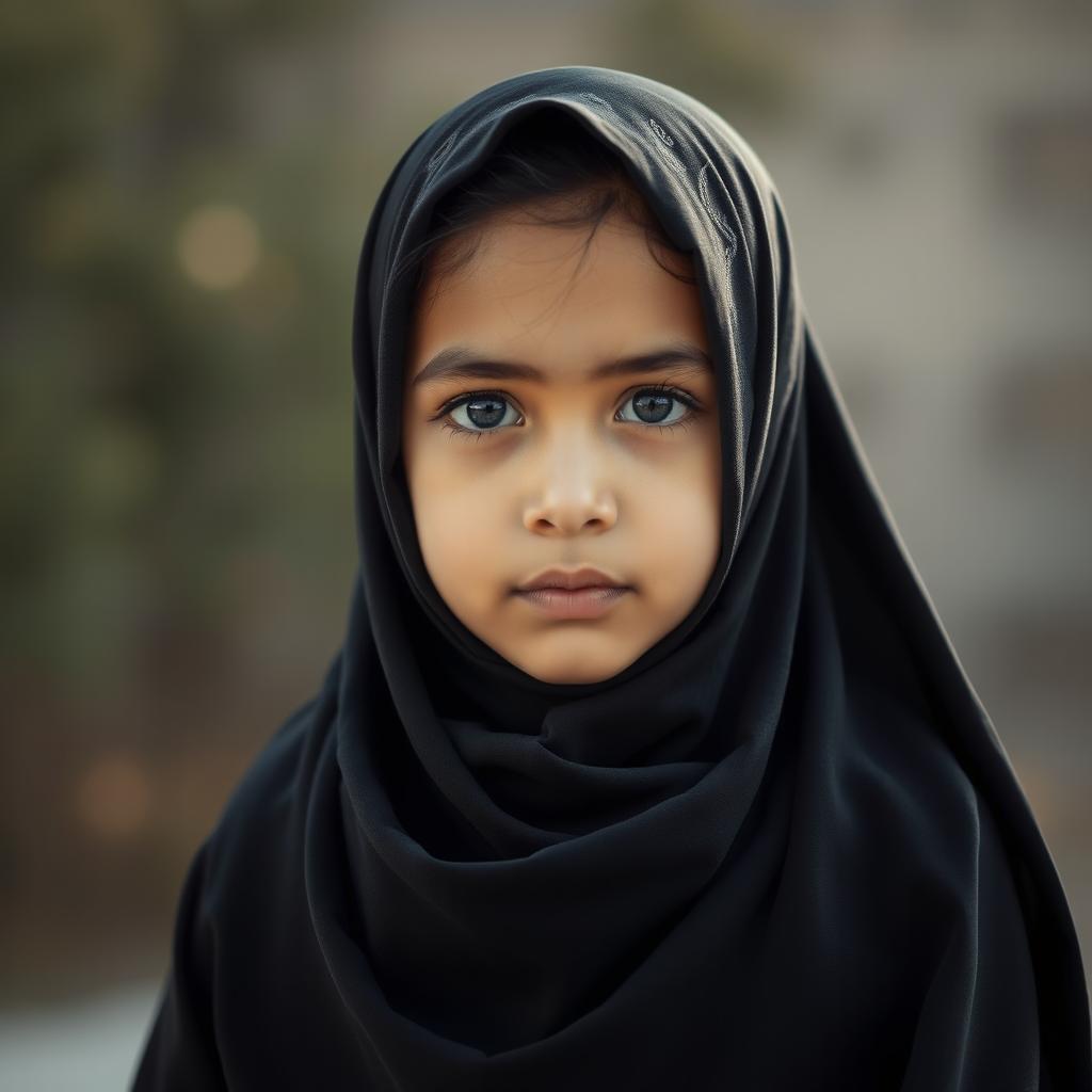 A young girl wearing a black hijab and abaya, traditionally styled, covering her full body except for her expressive eyes