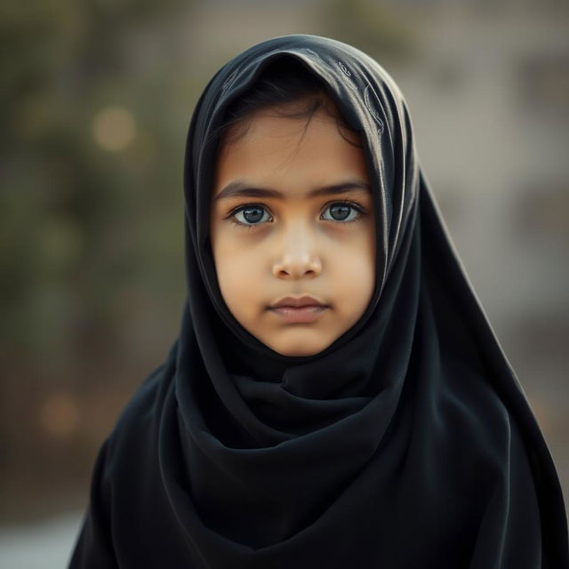A young girl wearing a black hijab and abaya, traditionally styled, covering her full body except for her expressive eyes