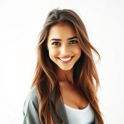A stunning portrait of a confident young woman with long flowing hair, captured against a clean, white background