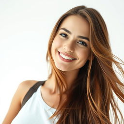 A stunning portrait of a confident young woman with long flowing hair, captured against a clean, white background