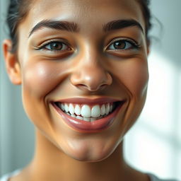 A close-up portrait of a person with a radiant smile, showcasing perfect teeth