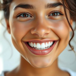 A close-up portrait of a person with a radiant smile, showcasing perfect teeth