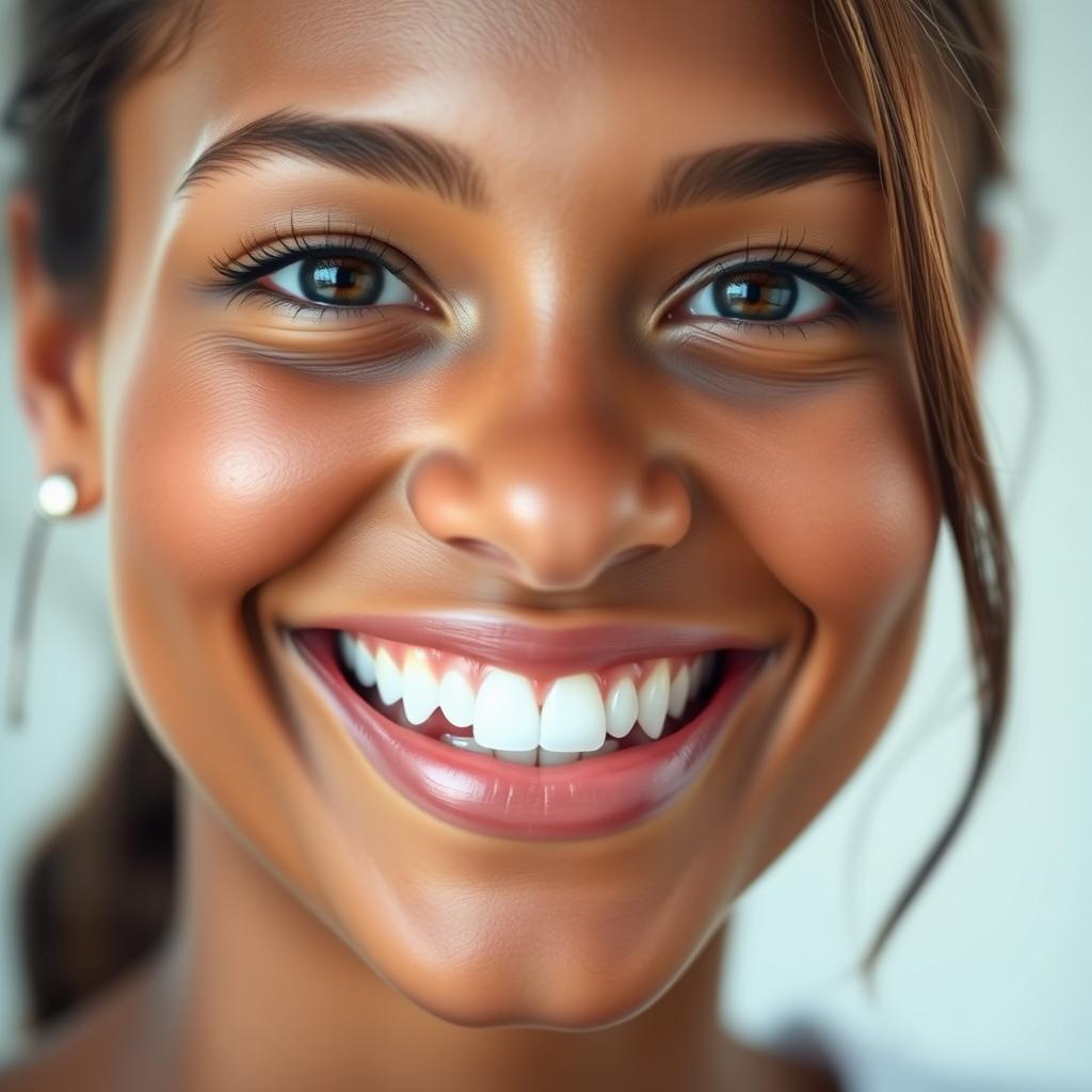 A close-up portrait of a person with a radiant smile, showcasing perfect teeth