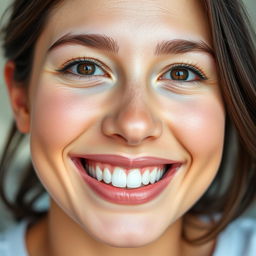 A close-up portrait of a person with a radiant smile, showcasing perfect teeth