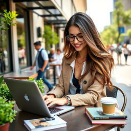 A stylish young woman in a modern urban setting, confidently working on her laptop outdoors at a café