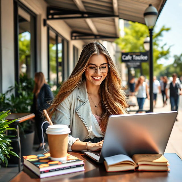 A stylish young woman in a modern urban setting, confidently working on her laptop outdoors at a café