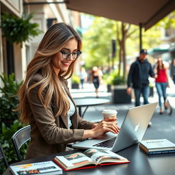 A stylish young woman in a modern urban setting, confidently working on her laptop outdoors at a café