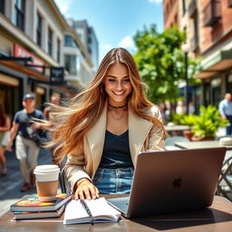 A stylish young woman in a modern urban setting, confidently working on her laptop outdoors at a café