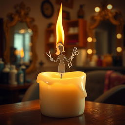 A captivating and imaginative scene depicting a candle with a flame that transforms into the figure of a hair stylist, skillfully 'styling' the light