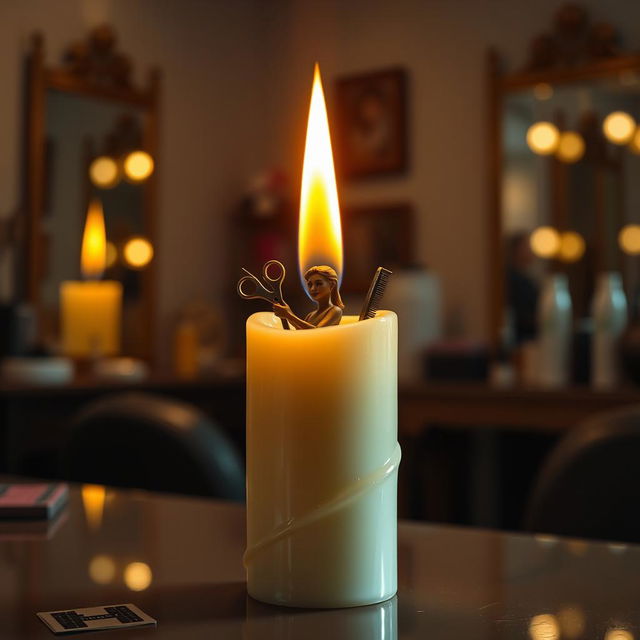 A captivating and imaginative scene depicting a candle with a flame that transforms into the figure of a hair stylist, skillfully 'styling' the light