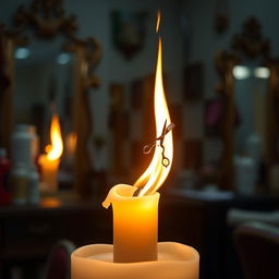 A captivating and imaginative scene depicting a candle with a flame that transforms into the figure of a hair stylist, skillfully 'styling' the light