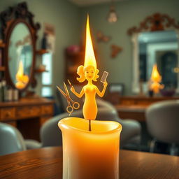 A captivating and imaginative scene depicting a candle with a flame that transforms into the figure of a hair stylist, skillfully 'styling' the light