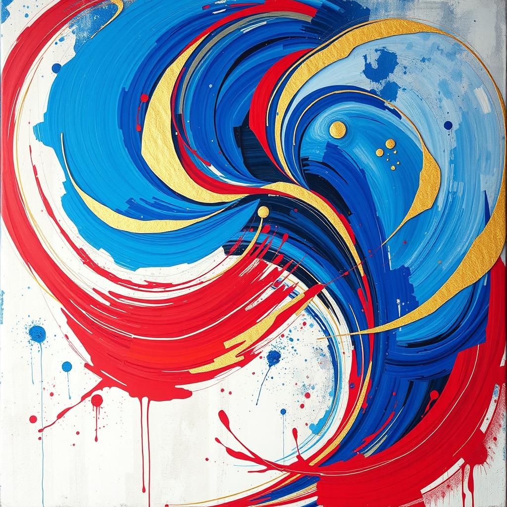 A vibrant abstract painting featuring swirling colors of blue, red, and gold